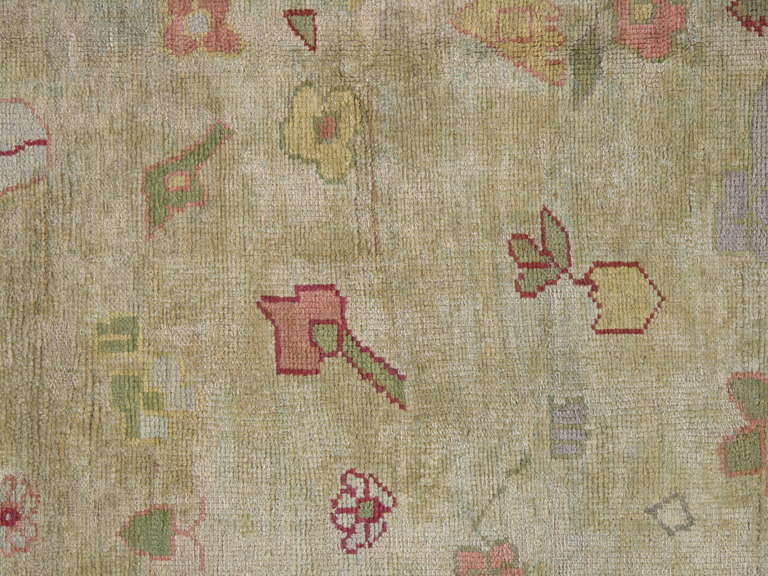 Turkish Antique Oushak Carpet, Handmade Oriental Rug, Green, Pink, Taupe, Cream Fine