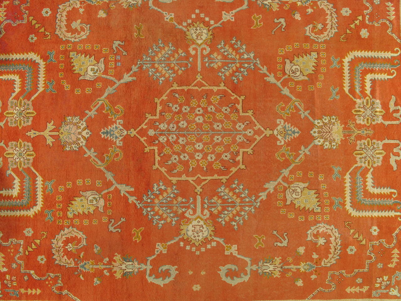 Hand-Woven Antique Oushak Carpet, Handmade Oriental Rug, Coral Field, Blue Green Border  For Sale