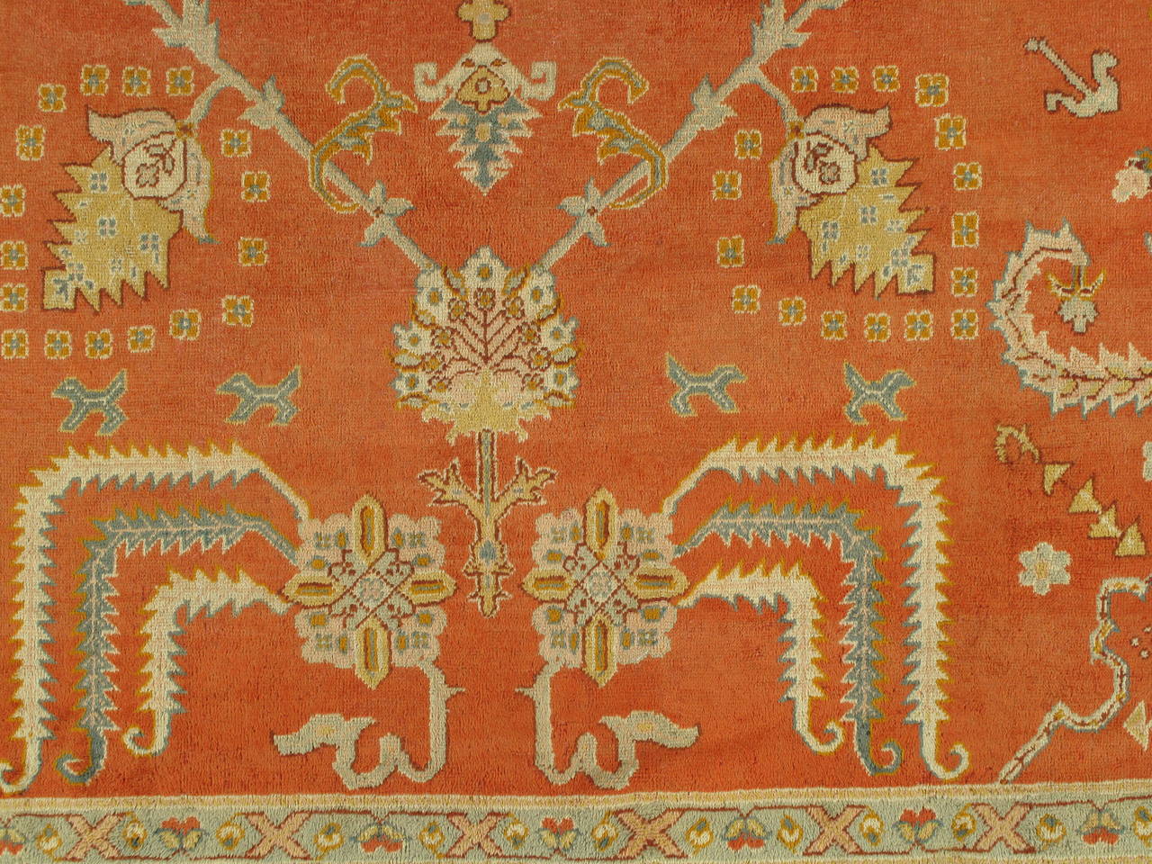 Wool Antique Oushak Carpet, Handmade Oriental Rug, Coral Field, Blue Green Border  For Sale