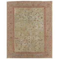 Antique Oushak Carpet, Handmade Oriental Rug, Green, Pink, Taupe, Cream Fine Antique Oushak Carpet, Handmade Oriental Rug, Green, Pink, Taupe, Cream Fine