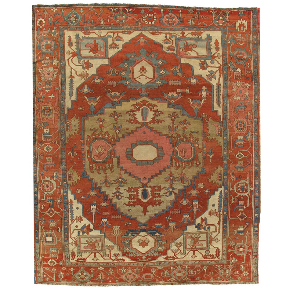 Antique Persian Serapi Carpet, Handmade Wool Oriental Rug, Rust Ivory Terracota  For Sale
