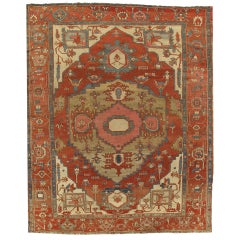 Tapis persan antique Serapi, tapis oriental en laine fait à la main, terre cuite ivoire rouille 
