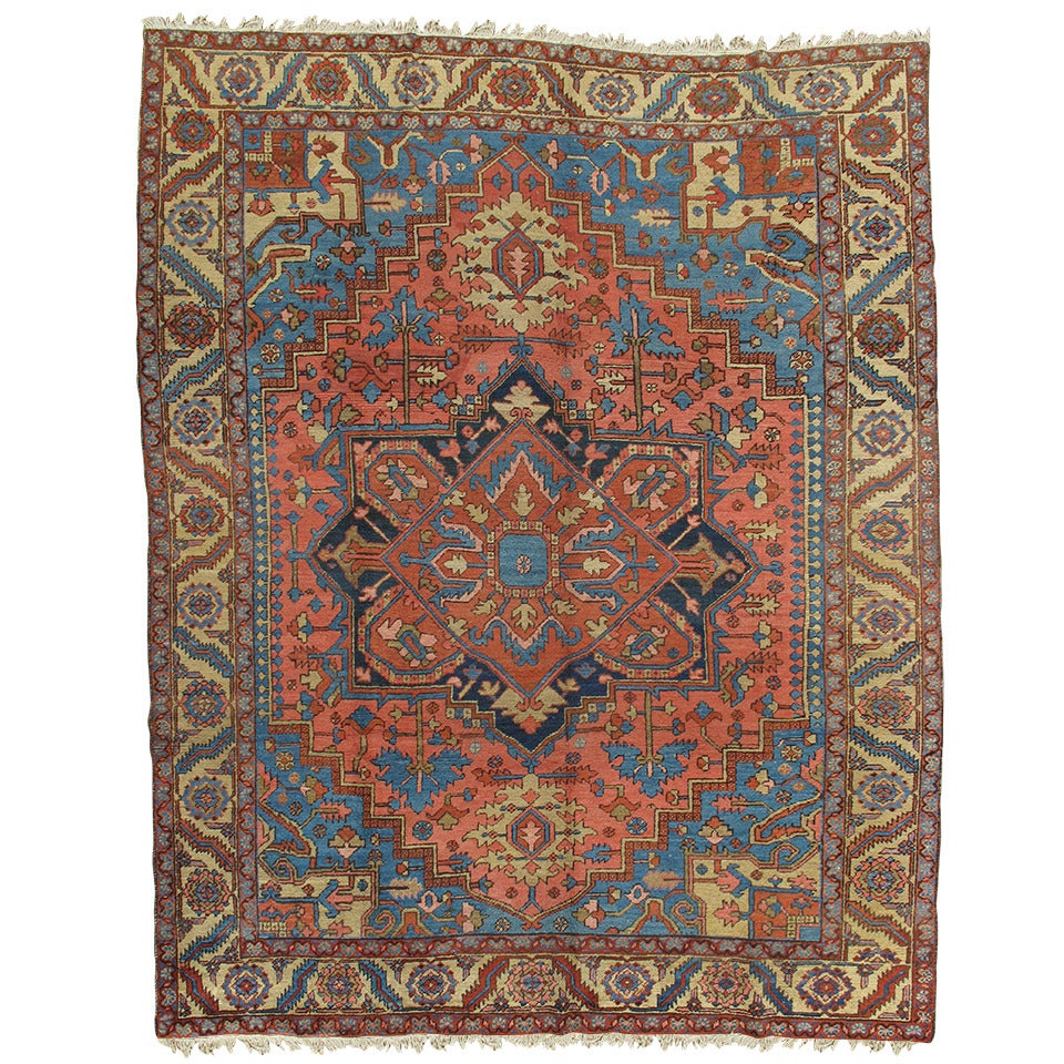 Antique Persian Heriz Carpet, Handmade Wool Oriental Rug, Rust, Gold, Light Blue