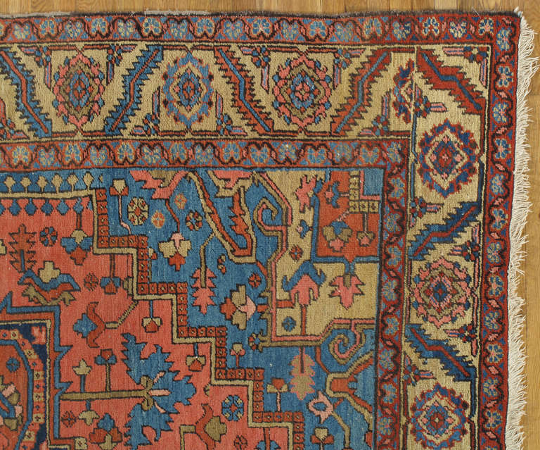 Heriz Serapi Antique Persian Heriz Carpet, Handmade Wool Oriental Rug, Rust, Gold, Light Blue