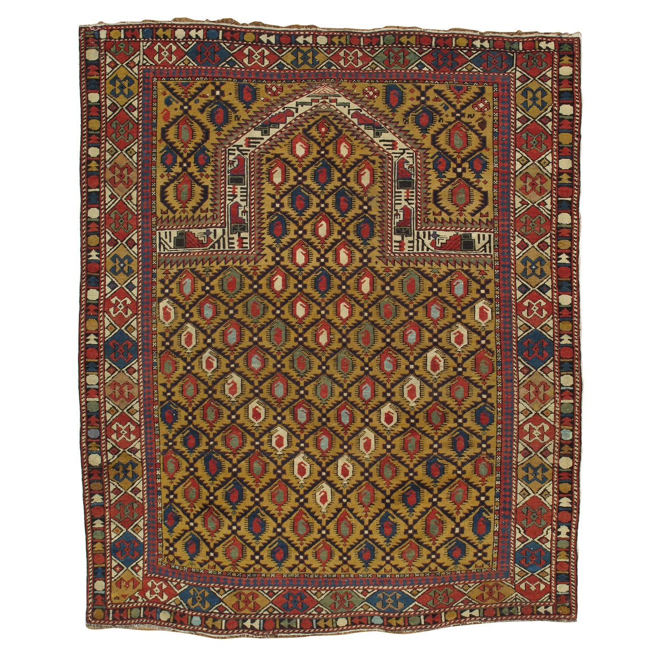 Gold Ground Antique Marasali Shirvan Prayer Rug, Hand-Knotted, Wool Oriental Rug For Sale