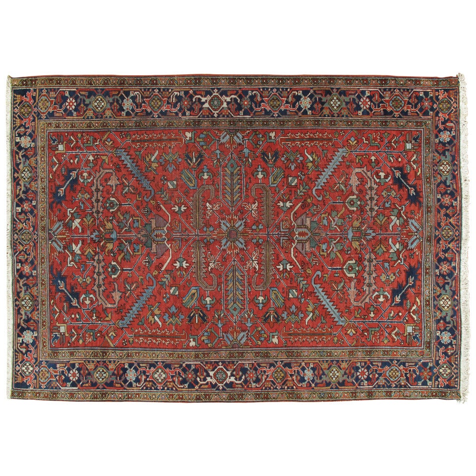 Antique Persian Heriz Carpet, Handmade Wool Oriental Rug, Rust, Ivory, Lt Blue