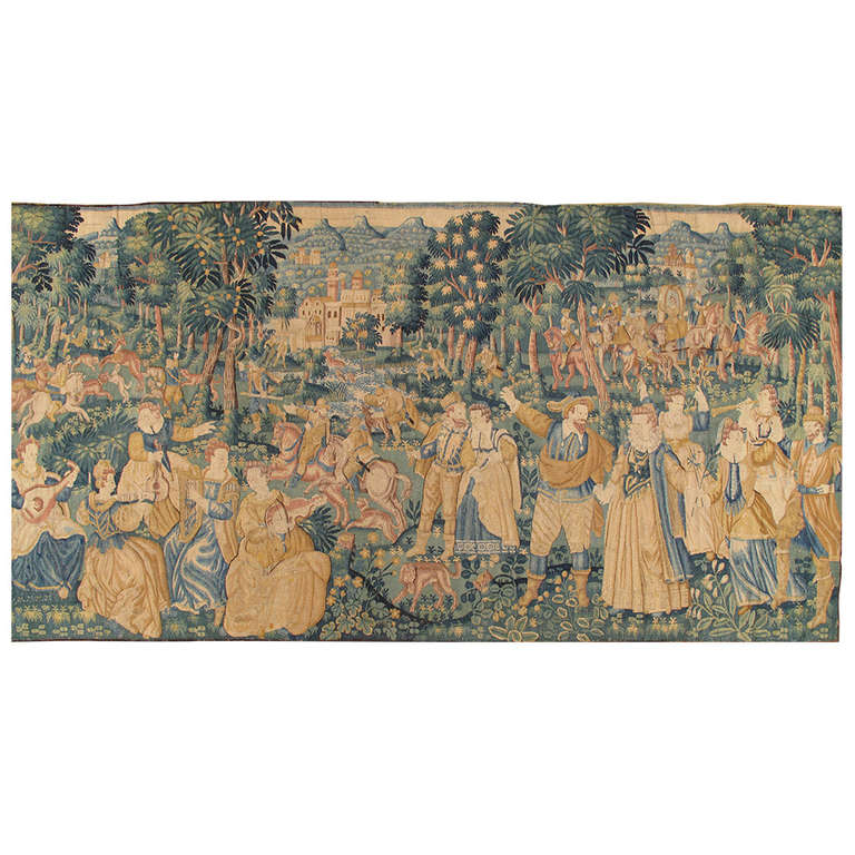 This very finely woven period tapestry is dissipating women playing musical instruments men hunting, and couples frolicking, within a wooded landscape, within a broad border of fruit and flower-filled baskets interspersed with allegorical figures.