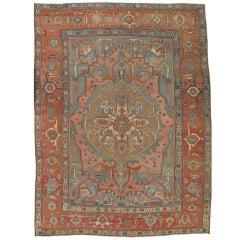 Antique Persian Serapi Carpet, Handmade Wool Oriental Rug, Rose, Rust, Lt Blue