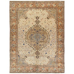 Antique Tabriz Carpet, Handmade Persian Rug in Floral Gold, Beige Brown, Taupe