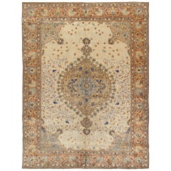 Antiker Täbris Teppich, handgefertigter Perserteppich in Floral Gold, Beige Brown, Taupe