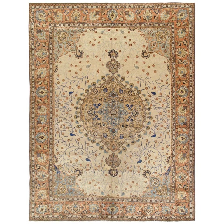 Antique Tabriz Carpet, Handmade Persian Rug in Floral Gold, Beige Brown, Taupe For Sale