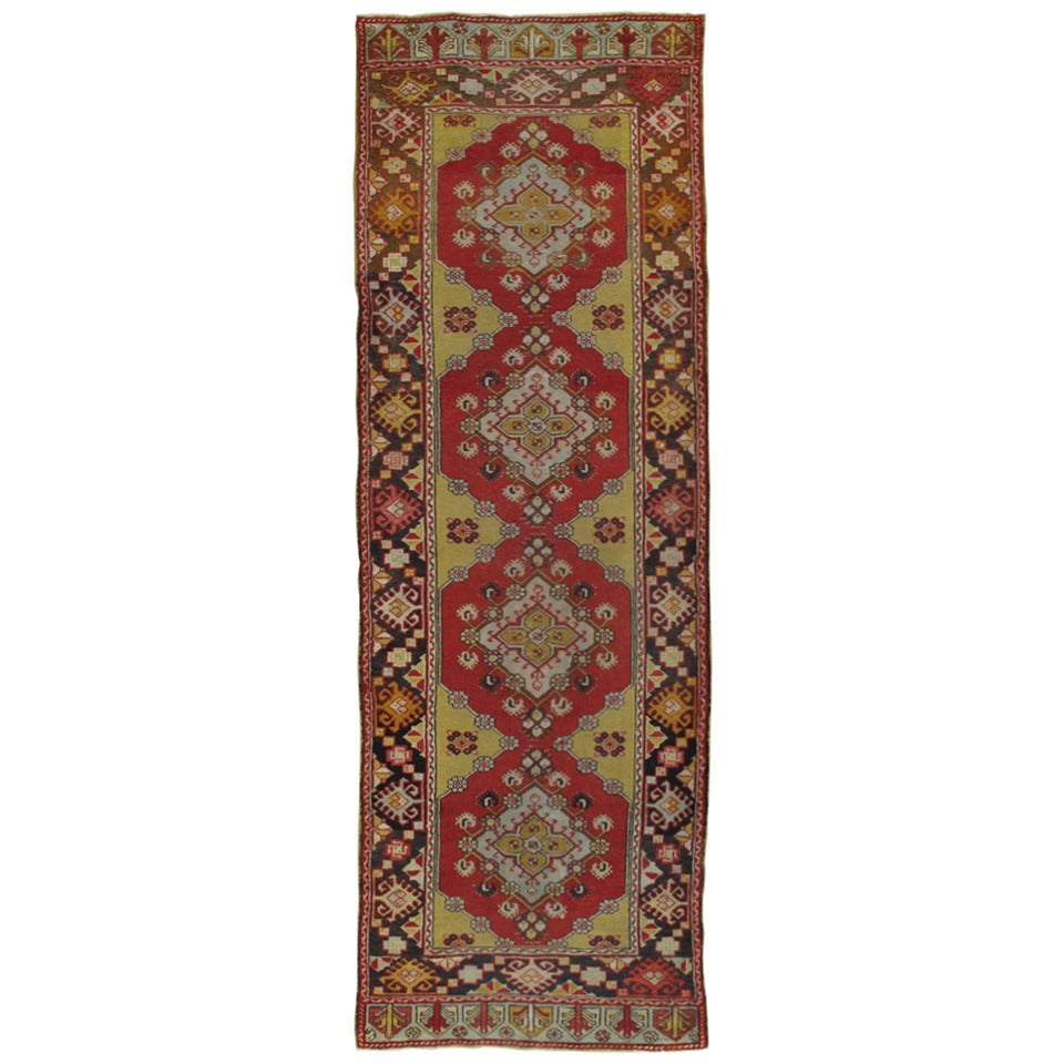 Antique Turkish Oushak Runner, Handmade Oriental Rug Coral. Brown, Yellow, Beige For Sale