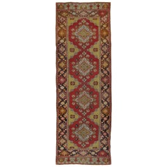 Antique Turkish Oushak Runner, Handmade Oriental Rug Coral. Brown, Yellow, Beige