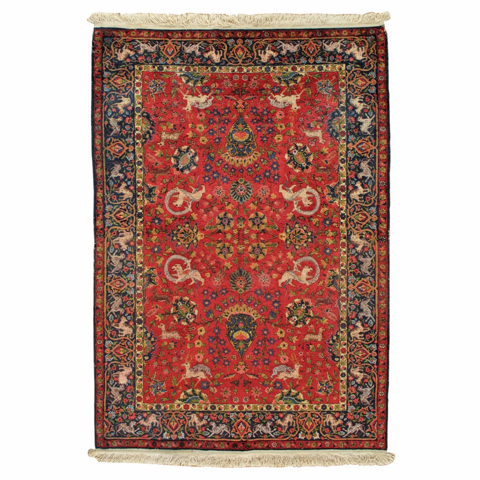 Antique Silk Turkish Rug, Handmade Oriental Rug, Red and Blue, Fine Silk Rugs