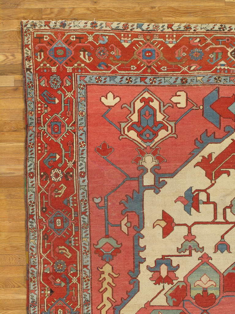 Hand-Knotted Antique Persian Serapi Carpet, Handmade Rug Ivory, Light Blue, Rusty Red For Sale