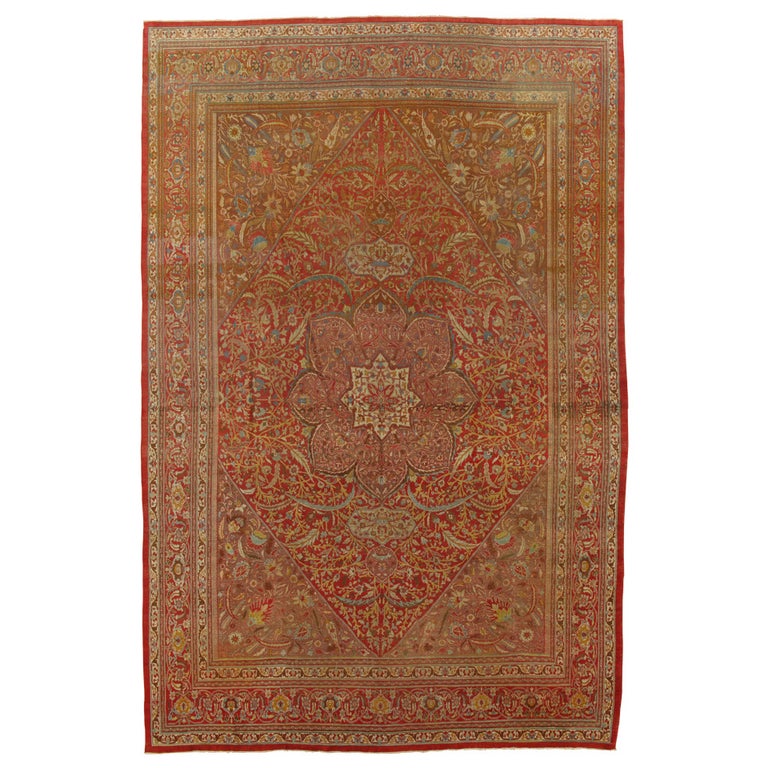 Antique Tabriz Carpet, Handmade Persian Rug in Floral Gold, Red and Beige For Sale