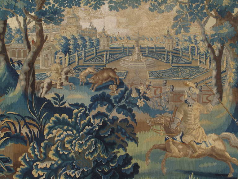 Aubusson Tapisserie bruxelloise du 18ème siècle, laine de soie, vert, bleu, thème mythologique en vente