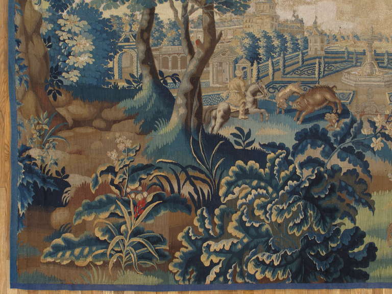Belge Tapisserie bruxelloise du 18ème siècle, laine de soie, vert, bleu, thème mythologique en vente