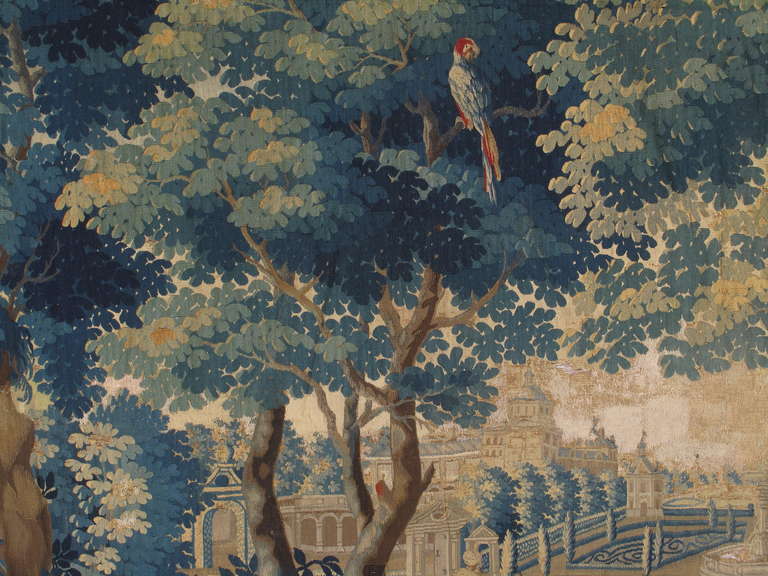 Hand-Knotted 18th Century Fine Brussels Tapestry, Silk Wool, Green, Blue, Mythological Theme For Sale