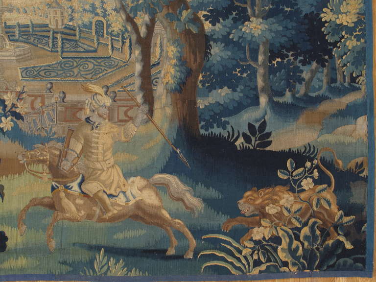 Tapisserie bruxelloise du 18ème siècle, laine de soie, vert, bleu, thème mythologique Bon état - En vente à Port Washington, NY