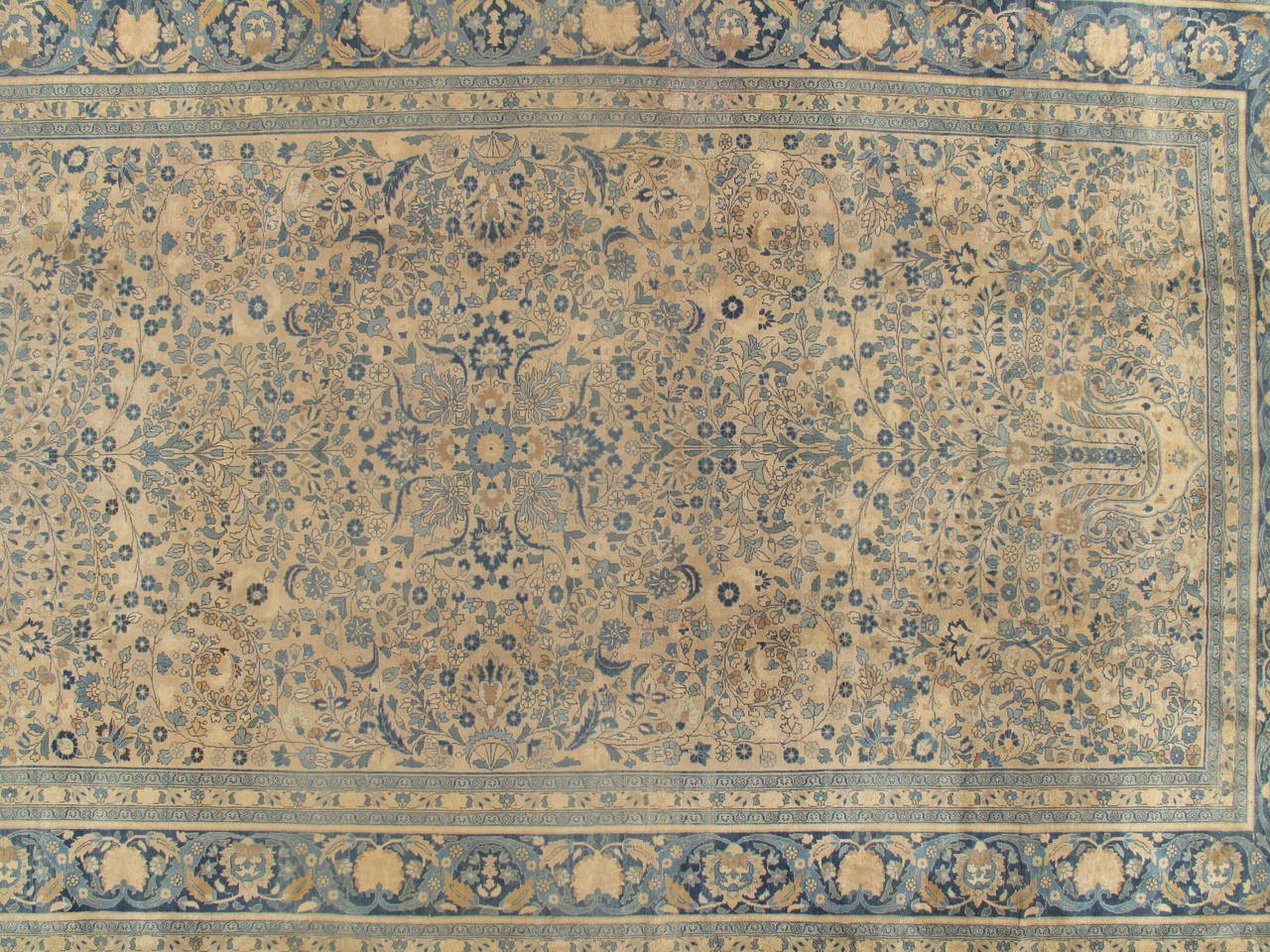 Antique Mashad Persian Carpet, Fine weave, Softs Blues, Beige, Soft Taupe For Sale 3