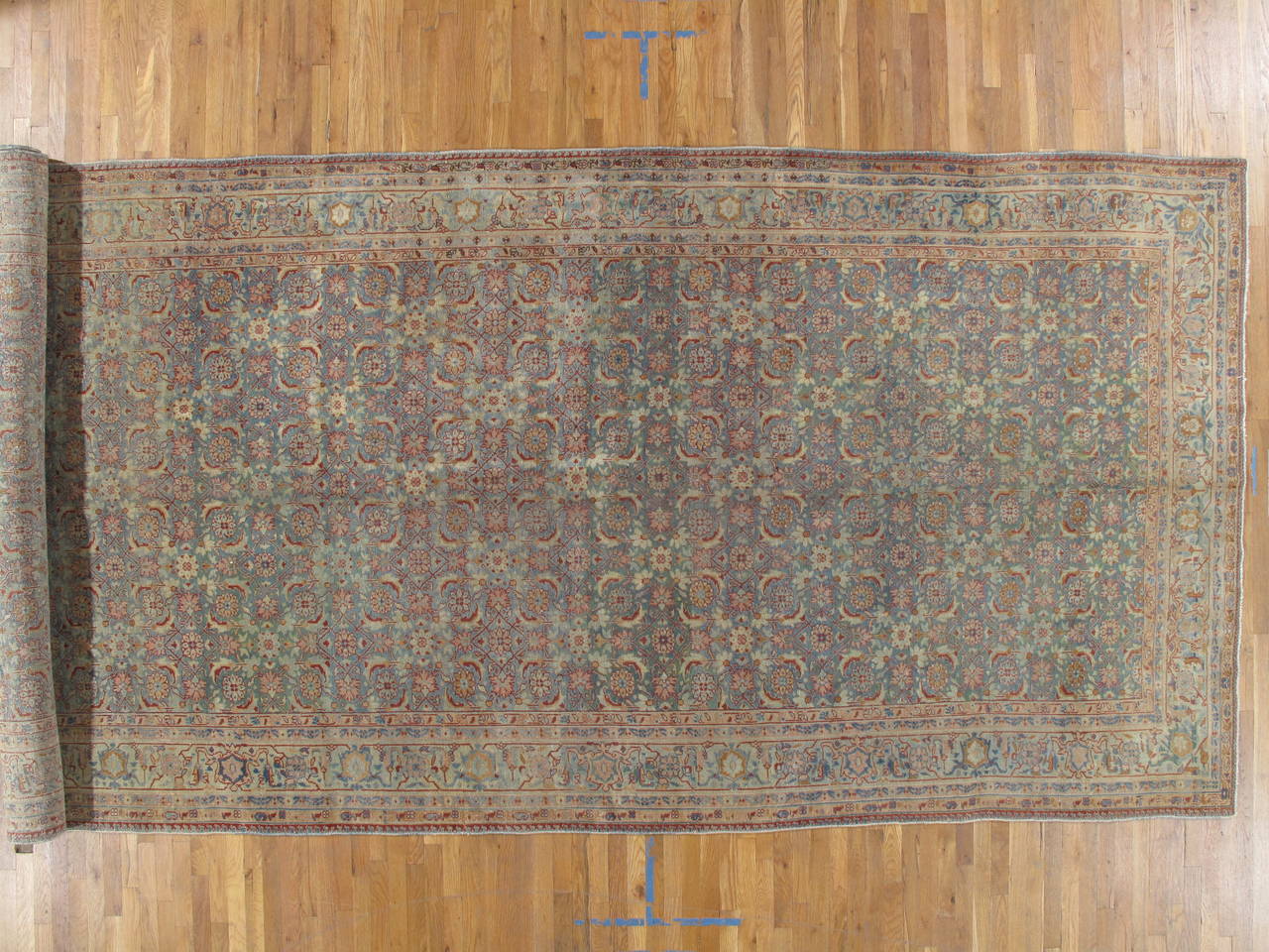 Antique Agra Gallery Runner, Fine Indian Rug, Light Blue, Ivory, Coral, Allover In Good Condition For Sale In Port Washington, NY