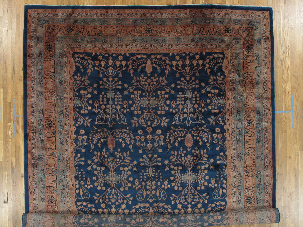 Hand-Knotted Antique Indian Agra Carpet, Handmade Oriental Rug, Blue, Gold, Ivory, Allover