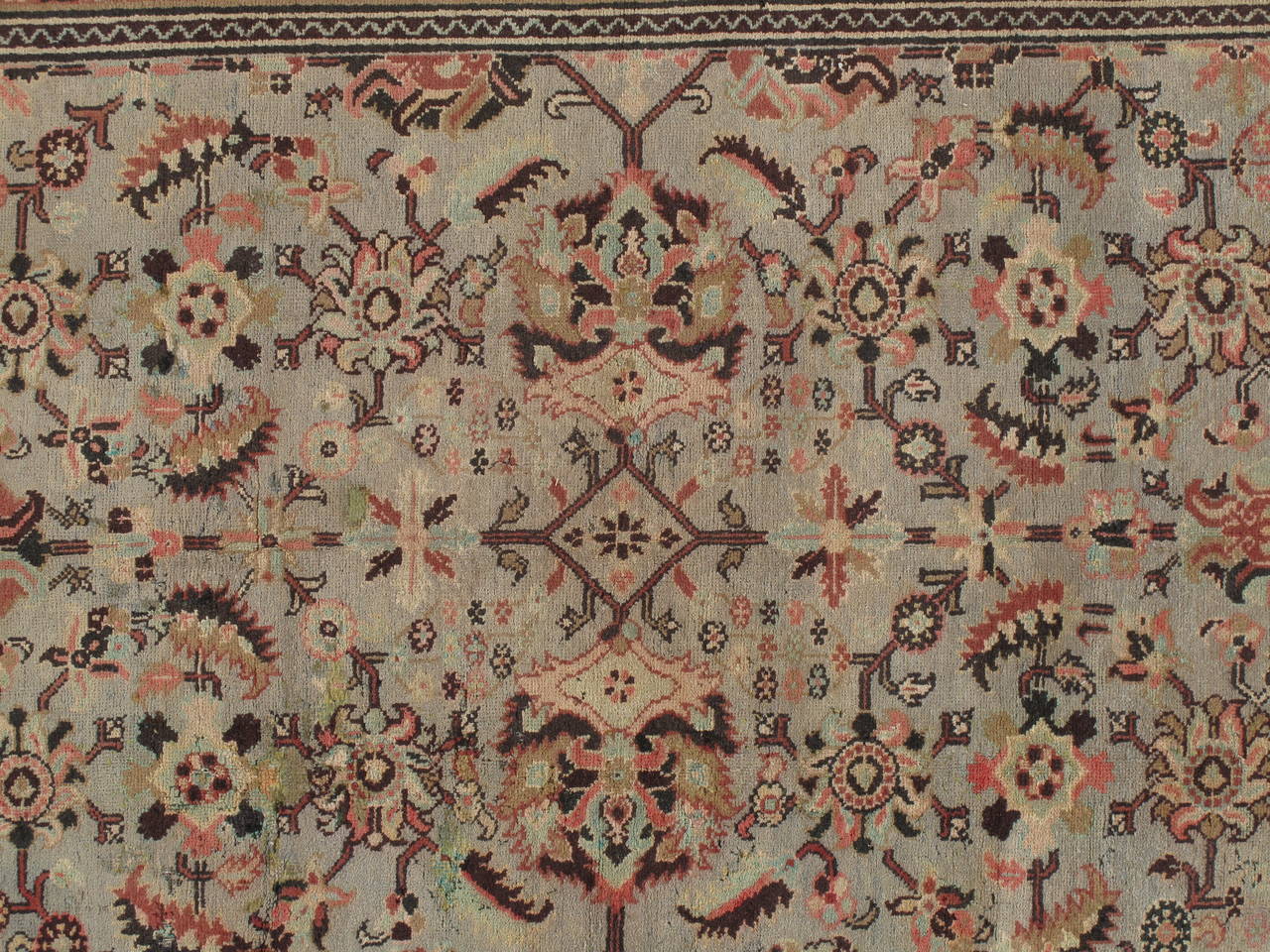 Hand-Knotted Antique Oushak Carpet, Handmade Oriental Rug, Pale blue, Coral Taupe, Cream Fine For Sale