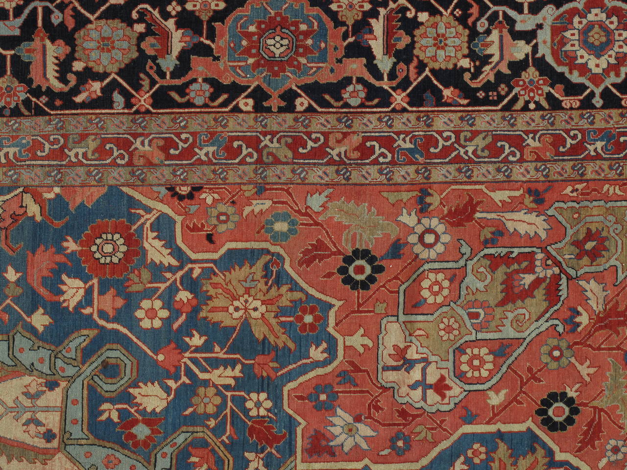 19th Century Antique Persian Serapi Carpet, Handmade Wool Oriental Rug, Ivory and Light Blue
