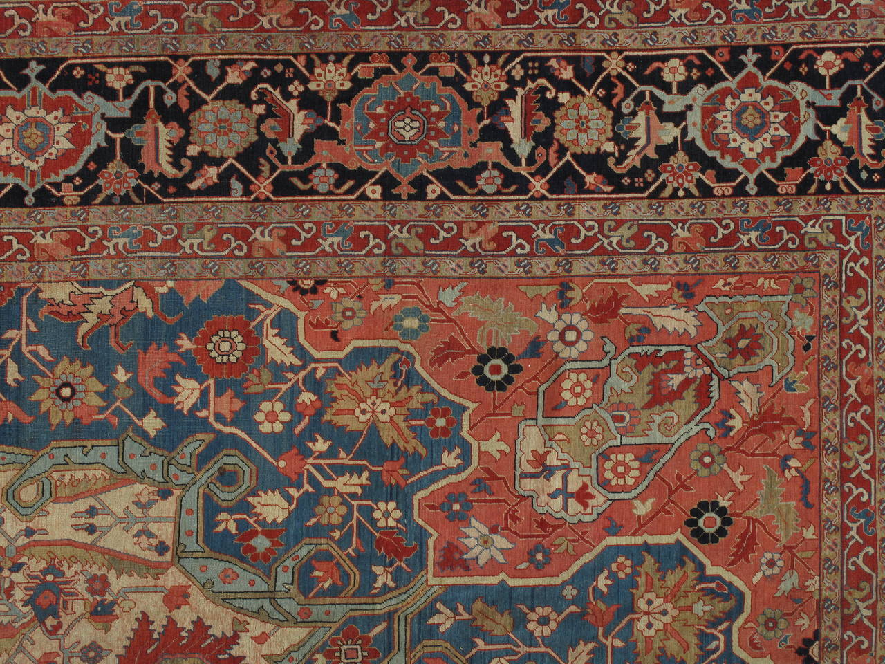 Antique Persian Serapi Carpet, Handmade Wool Oriental Rug, Ivory and Light Blue 1