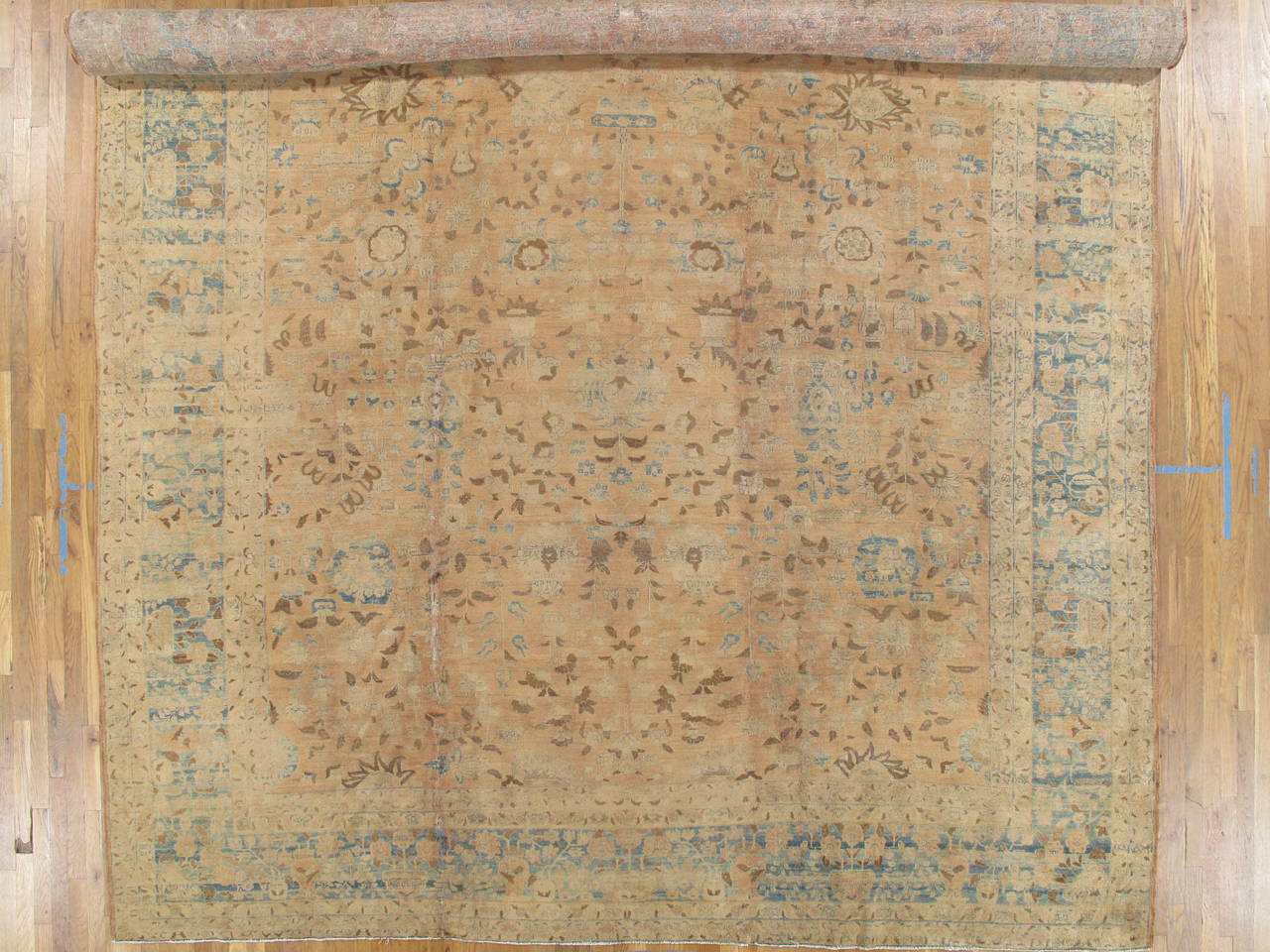 19th Century Antique Tabriz Carpet, Handmade Persian Rug in Floral Gold, Light Blue, Taupe For Sale