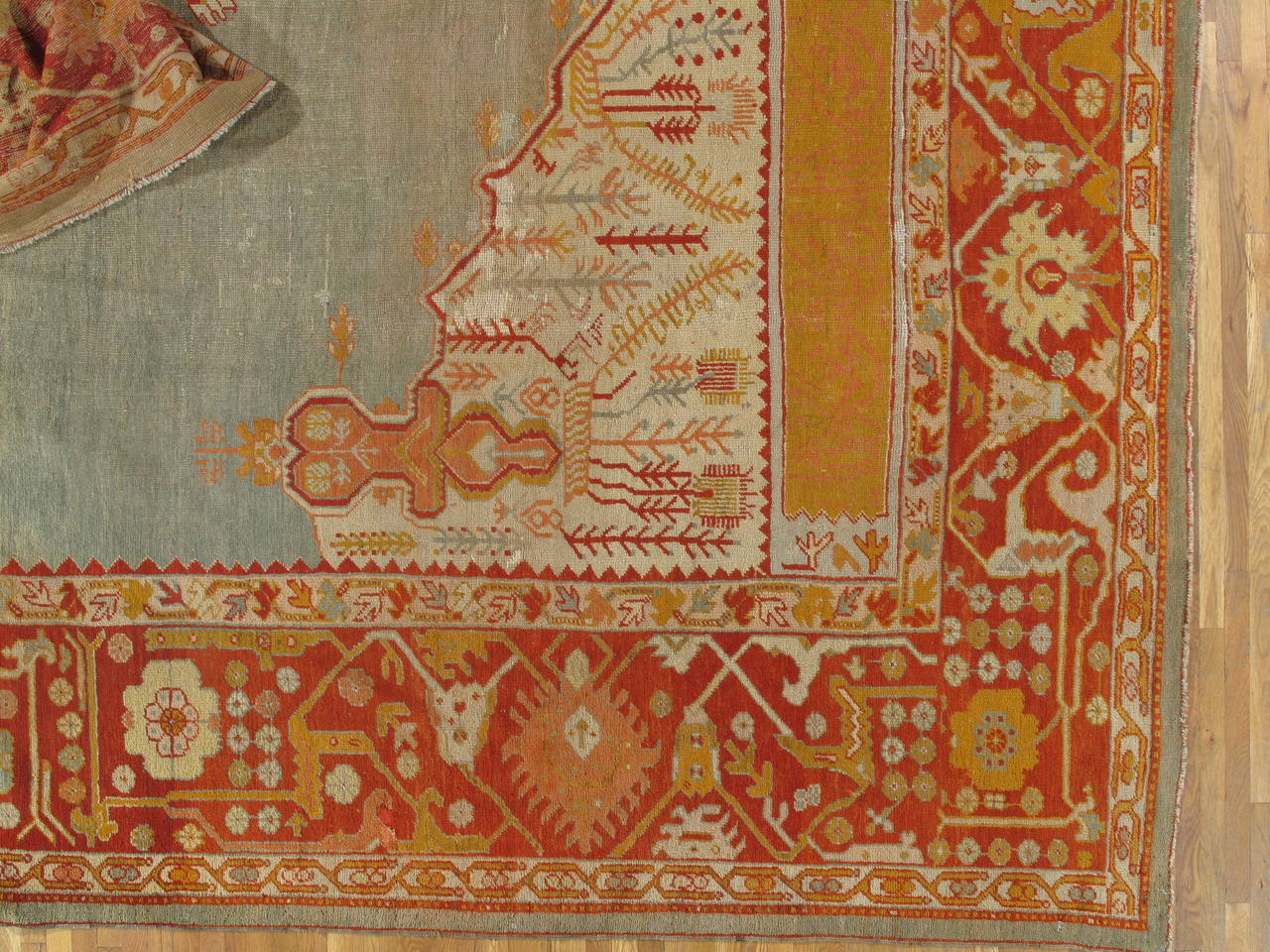 Turc Tapis antique Oushak, tapis oriental fait à la main, bleu pâle, vert, jaune, corail en vente