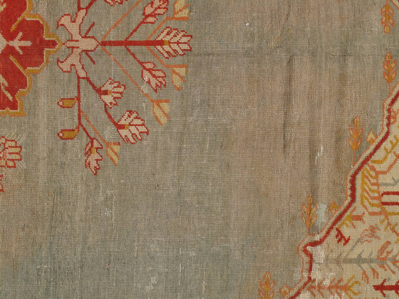 Laine Tapis antique Oushak, tapis oriental fait à la main, bleu pâle, vert, jaune, corail en vente