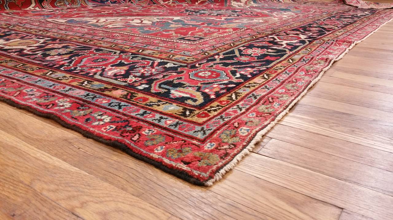 20th Century Antique Persian Heriz Carpet, Handmade Wool Oriental Rug, Red and Navy Light Blue For Sale