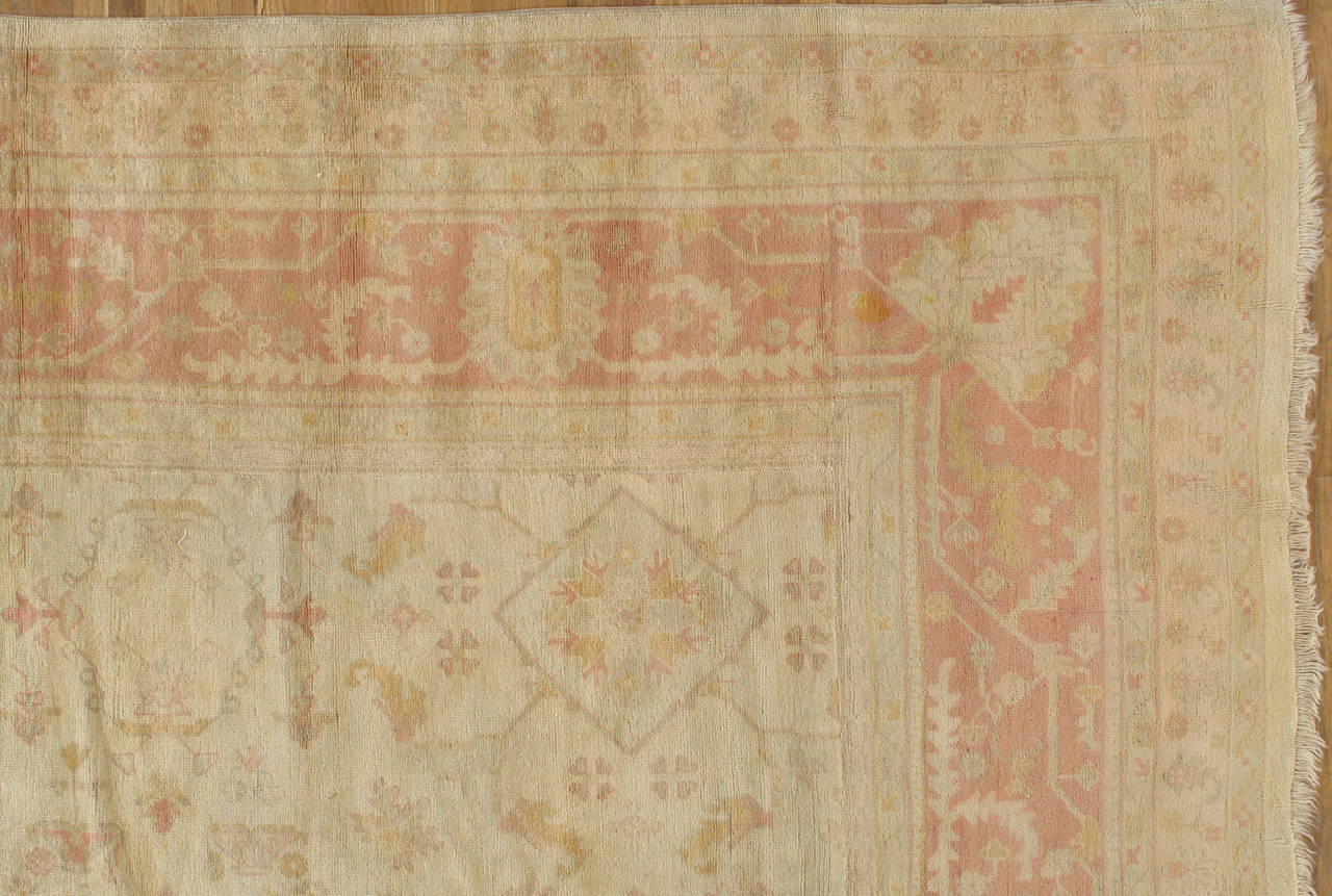 Turkish Antique Oushak Carpet, Handmade Oriental Rug Coral Boarder, Taupe, Cream Fine For Sale