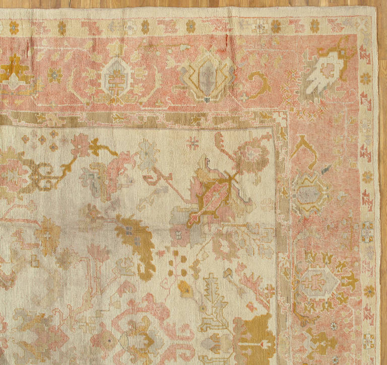 Turkish Antique Oushak Carpet, Handmade Oriental Rug, Shrimp, Ivory Taupe, Cream Fine
