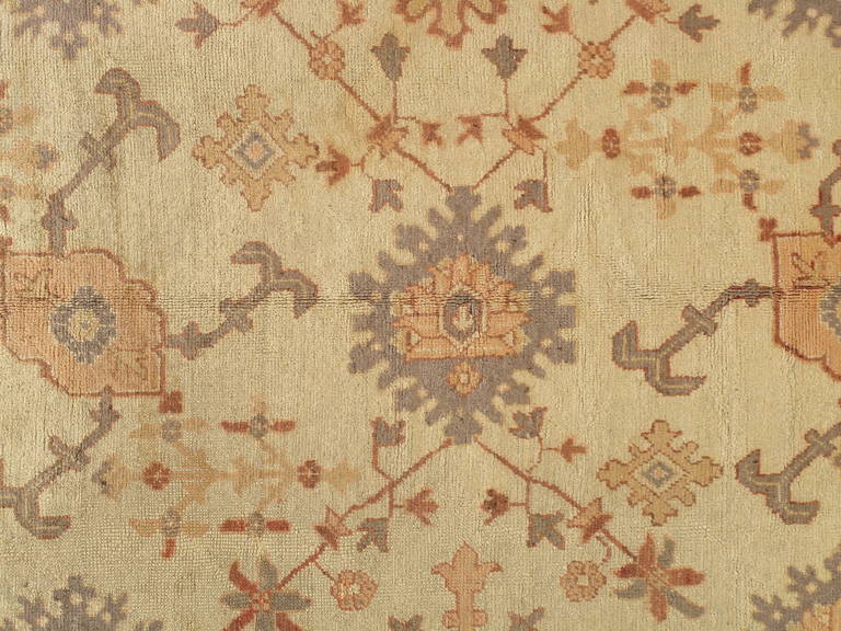 Turkish Antique Oushak Carpet, Handmade Oriental Rug, Ivory Gray, Taupe, Cream Fine