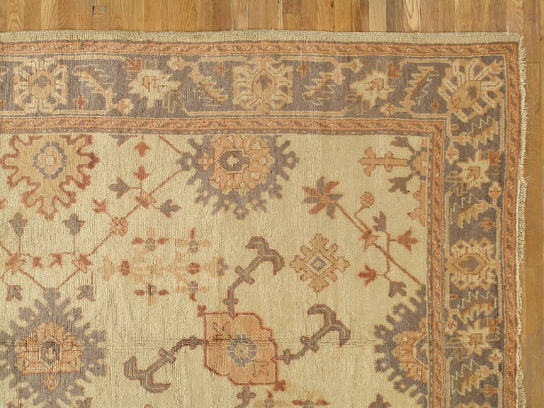 Hand-Knotted Antique Oushak Carpet, Handmade Oriental Rug, Ivory Gray, Taupe, Cream Fine