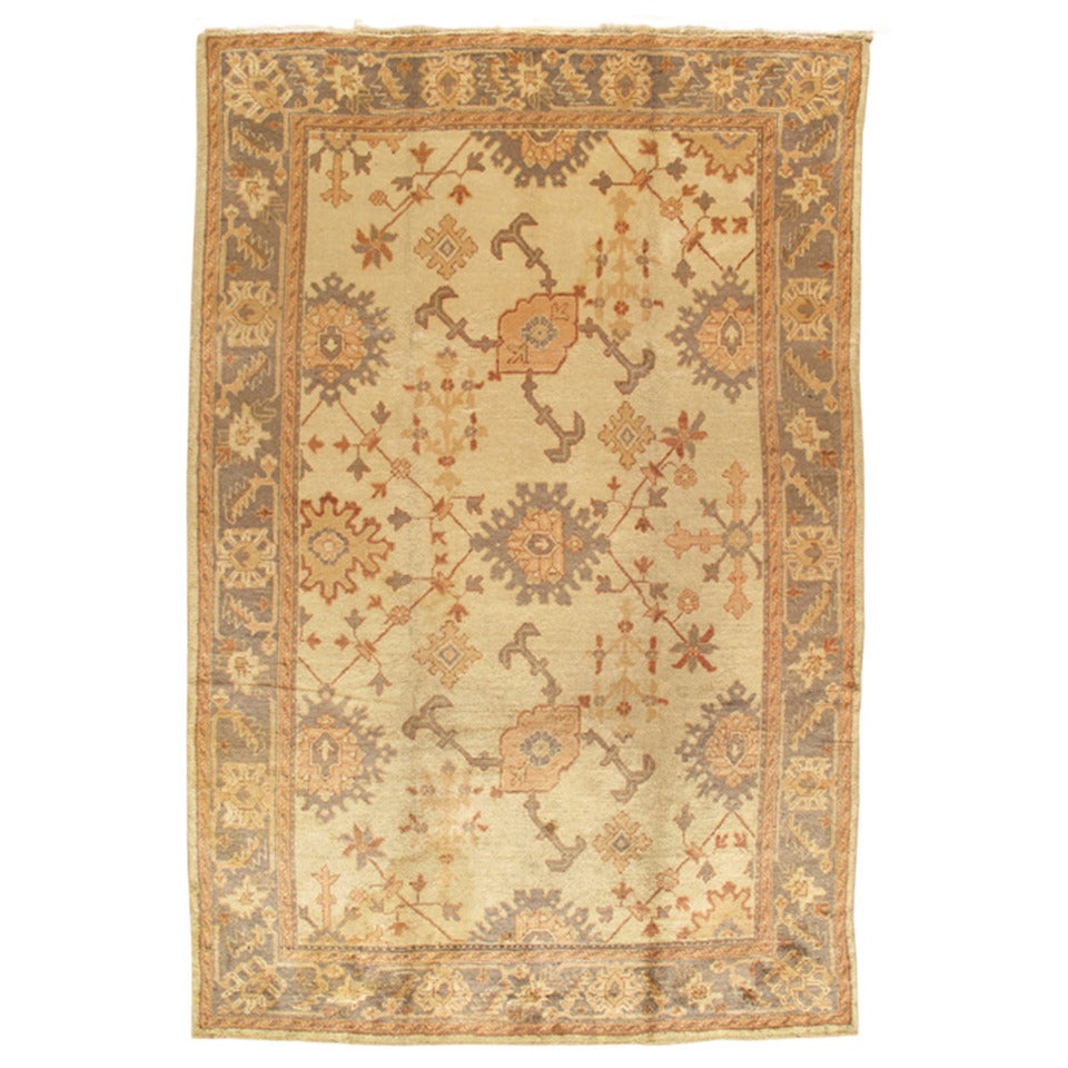 Antique Oushak Carpet, Handmade Oriental Rug, Ivory Gray, Taupe, Cream Fine