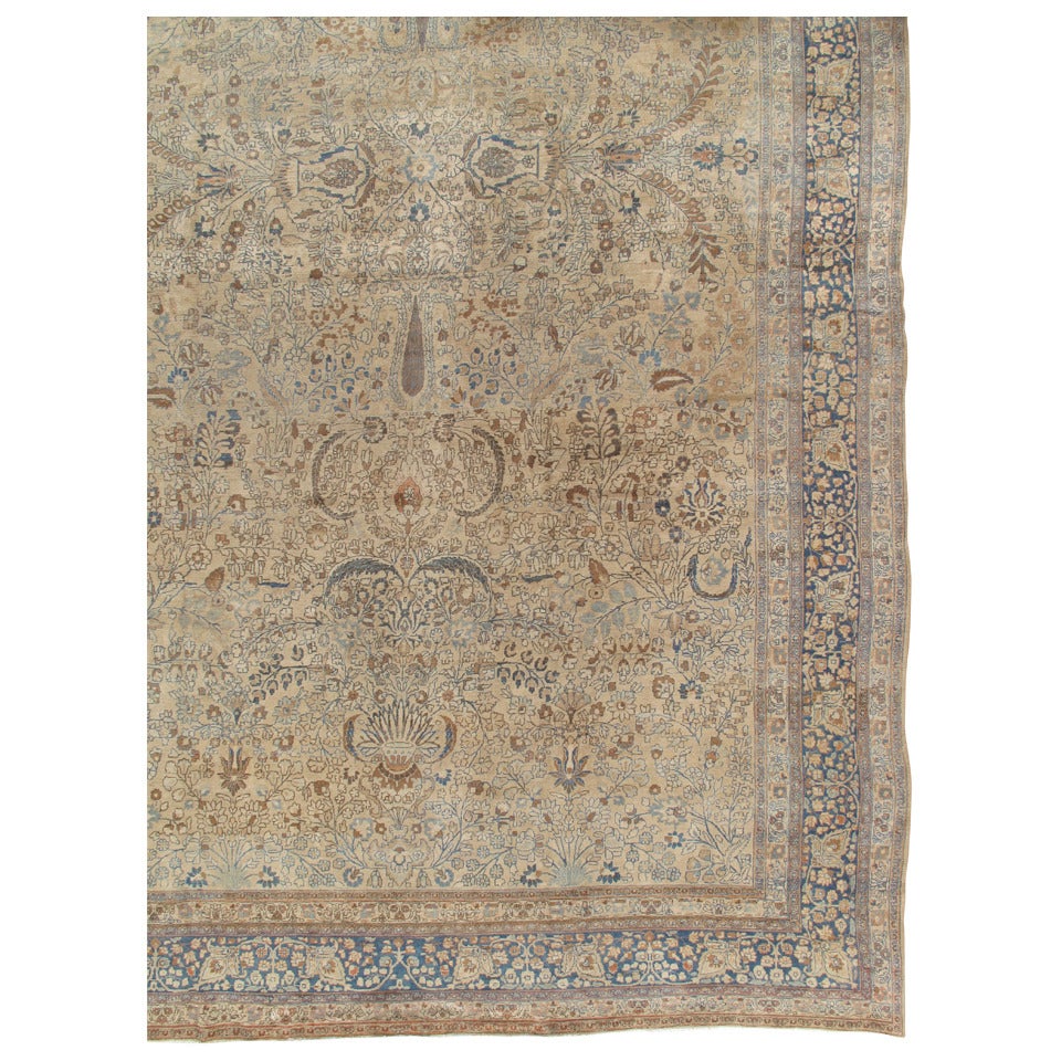 Antique Persian Tabriz Carpet, Handmade Oriental Rug, Beige, Light Blue, Taupe For Sale