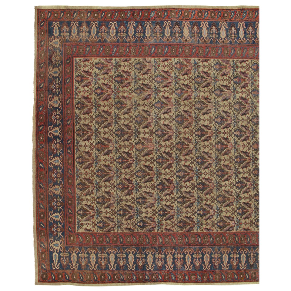 Antique Indian Carpet, Handmade Oriental Rug, Tan, Blue, Cream, Red, Allover Sq. For Sale