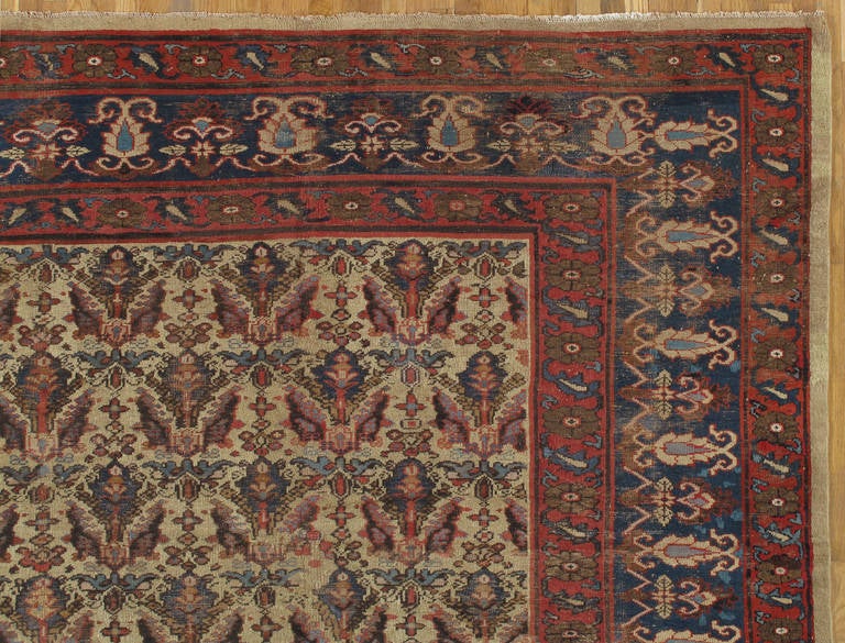 Agra Antique Indian Carpet, Handmade Oriental Rug, Tan, Blue, Cream, Red, Allover Sq. For Sale