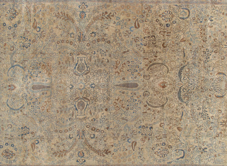 20th Century Antique Persian Tabriz Carpet, Handmade Oriental Rug, Beige, Light Blue, Taupe For Sale