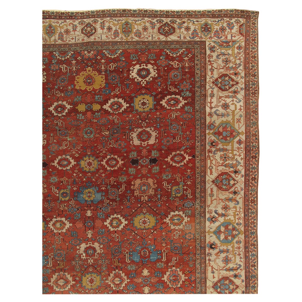 Tapis persan antique Serapi, tapis oriental en laine fait à la main, rouille, ivoire, bleu
