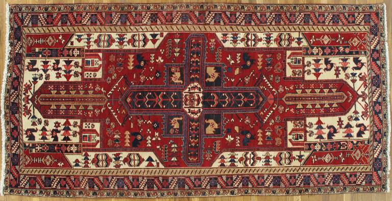 Vintage Heriz Northwest Persian Runner, Handmade Rug, Red Navy, Light Blue Camel
