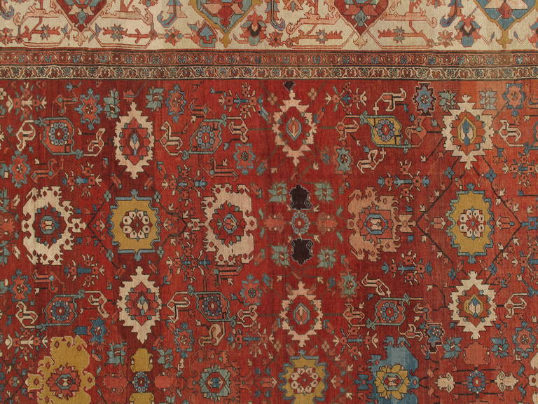 19th Century Antique Persian Serapi Carpet, Handmade Wool Oriental Rug, Rust, Ivory, Lt Blue For Sale