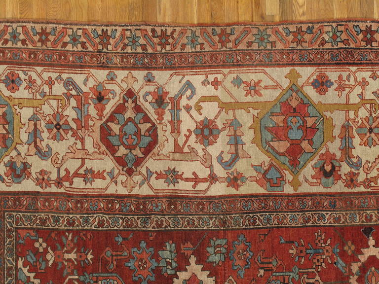 Hand-Knotted Antique Persian Serapi Carpet, Handmade Wool Oriental Rug, Rust, Ivory, Lt Blue For Sale