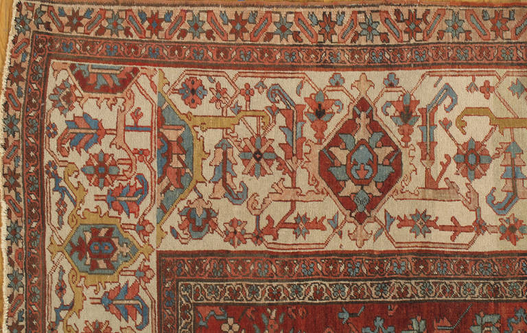 Antique Persian Serapi Carpet, Handmade Wool Oriental Rug, Rust, Ivory, Lt Blue For Sale 1