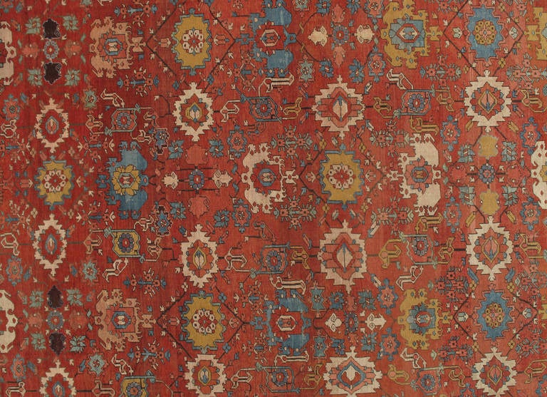 Heriz Serapi Antique Persian Serapi Carpet, Handmade Wool Oriental Rug, Rust, Ivory, Lt Blue For Sale