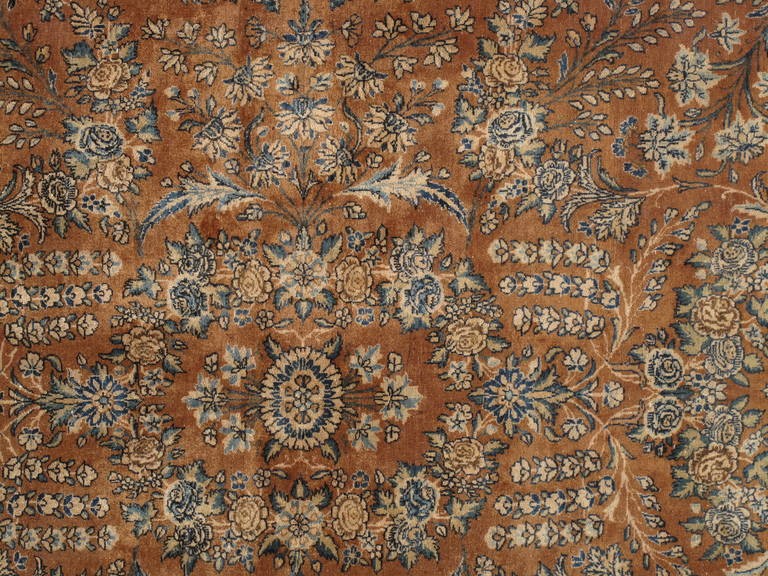 Wool Antique Persian Lavar Kerman Carpet, Handmade Rug, Brown, Taupe, Light Blue Navy
